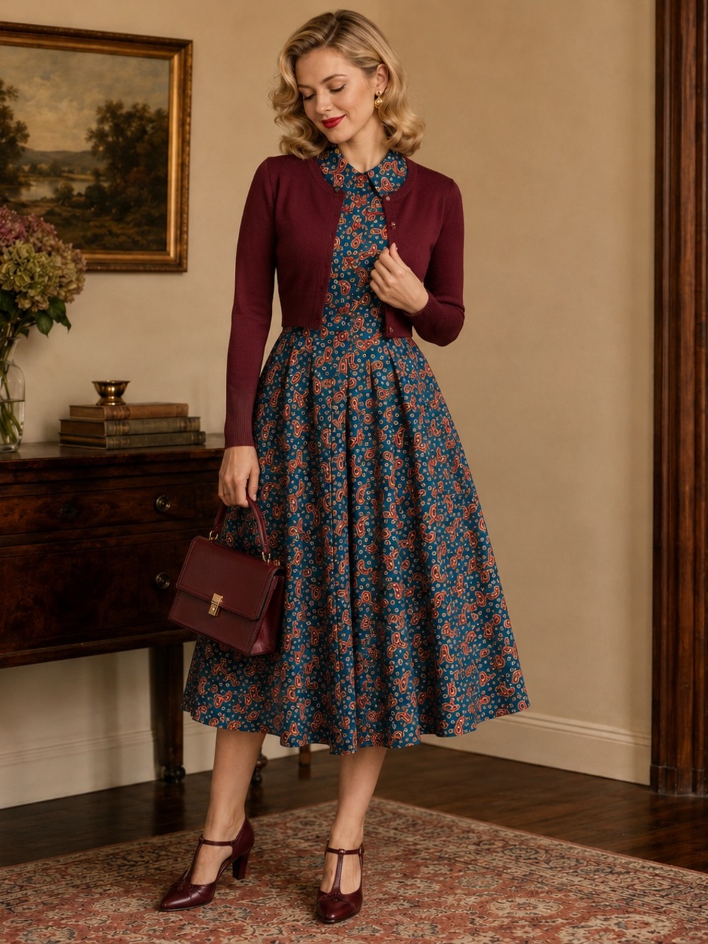 UNIQUE VINTAGE Teal Paisley Retro Fit & Flare Midi Dress, Size Large - Picture 4 of 7